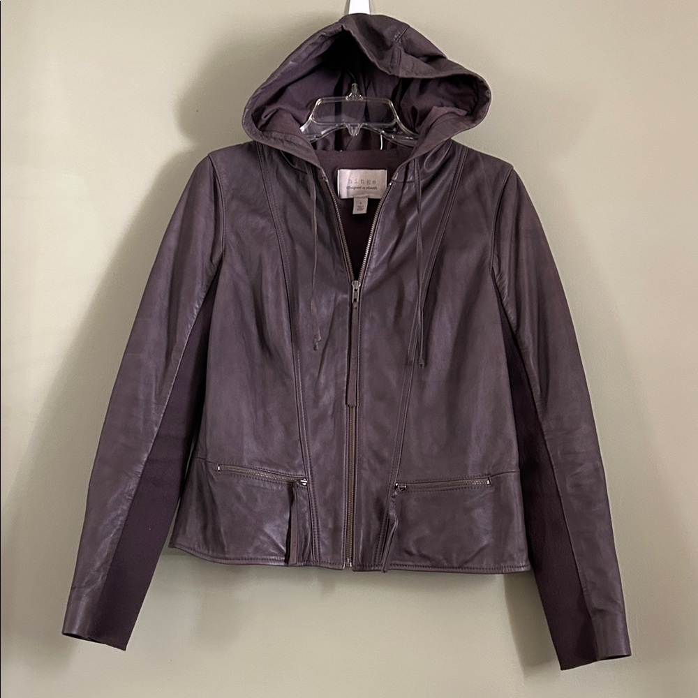 Hinge Women's Brown/Gret Leather Jacket with Hood Size S